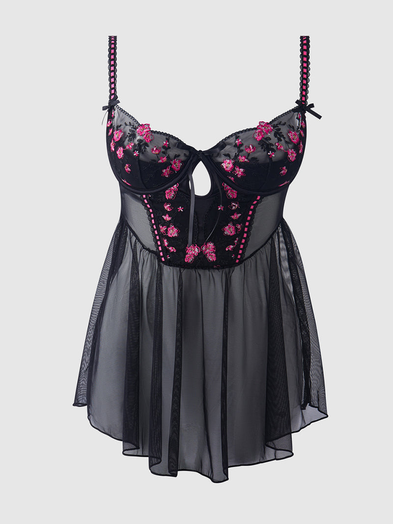 Harlow Embroidered Mesh & Elastic Longline Babydoll - Frederick's of Hollywood