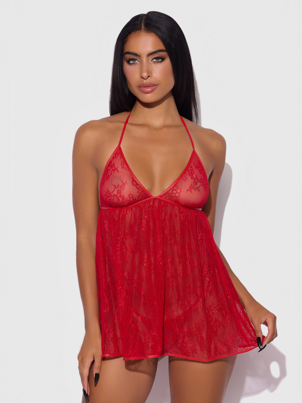 Chiara Lace & Faux Leather Tie Babydoll - Frederick's of Hollywood