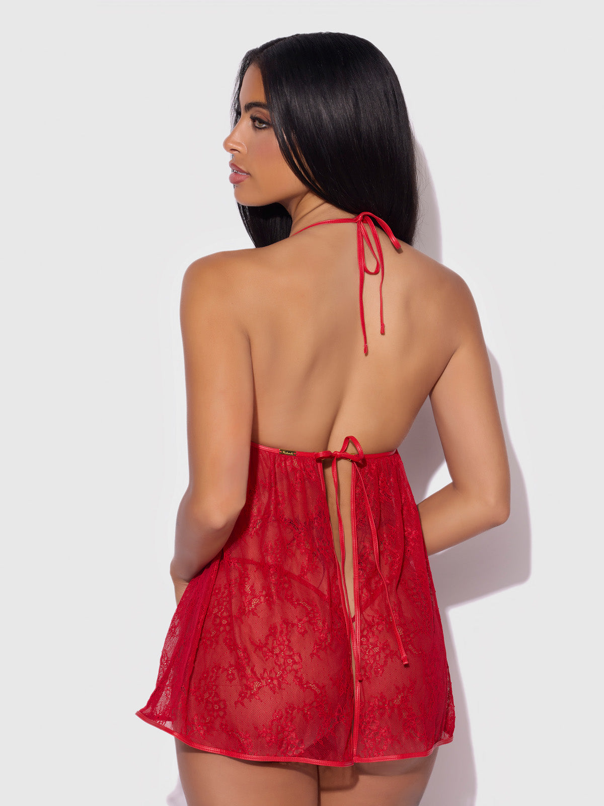 Chiara Lace & Faux Leather Tie Babydoll - Frederick's of Hollywood