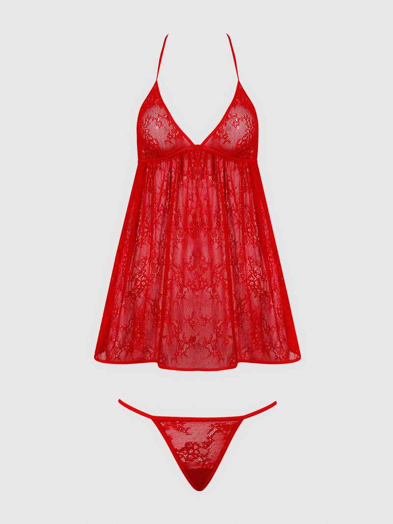 Chiara Lace & Faux Leather Tie Babydoll by Frederick's of Hollywood, featuring a halter-neck, deep V neckline, open back dress, and matching thong—displayed on a plain white background.