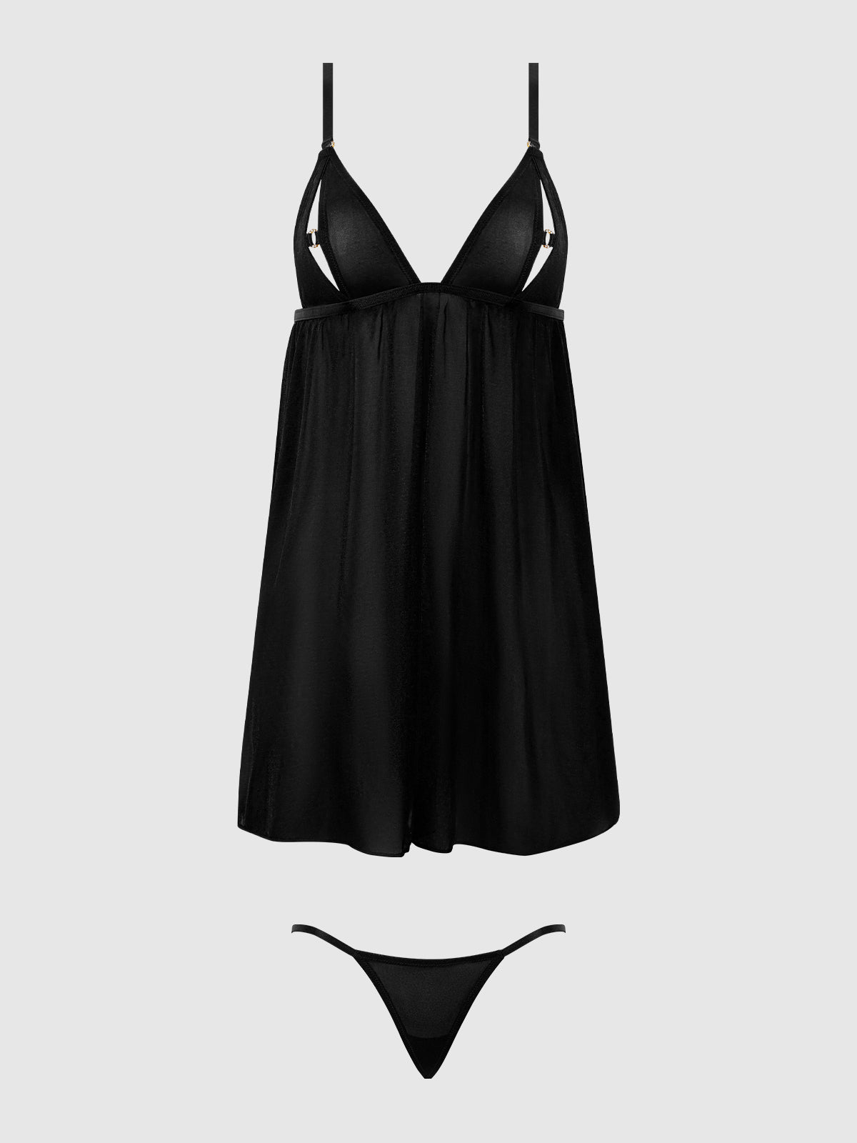 The Frederick's of Hollywood Pia Shine Mesh O-Ring Open Cup Babydoll Set in black features adjustable spaghetti straps, a rhinestone O-ring detail, and a matching thong, shown against a plain light gray background.