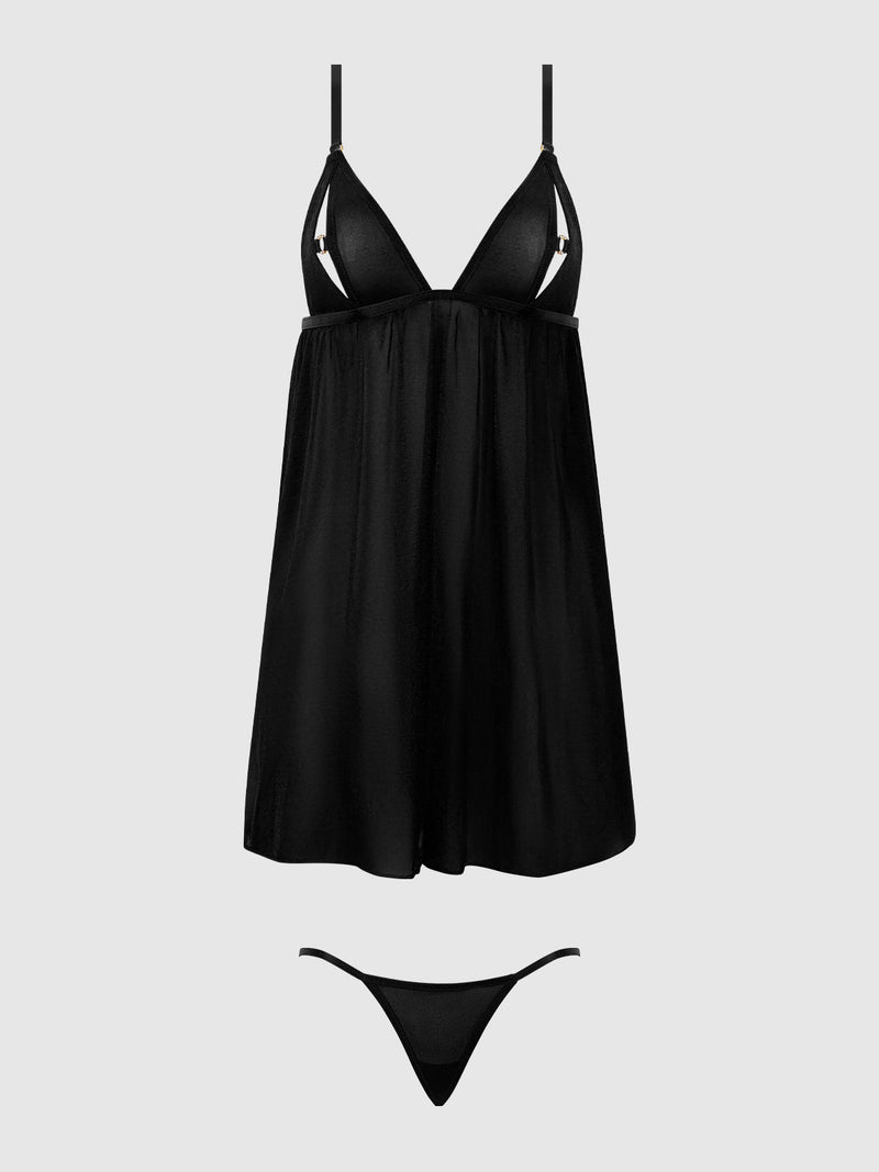 The Frederick's of Hollywood Pia Shine Mesh O-Ring Open Cup Babydoll Set in black features adjustable spaghetti straps, a rhinestone O-ring detail, and a matching thong, shown against a plain light gray background.