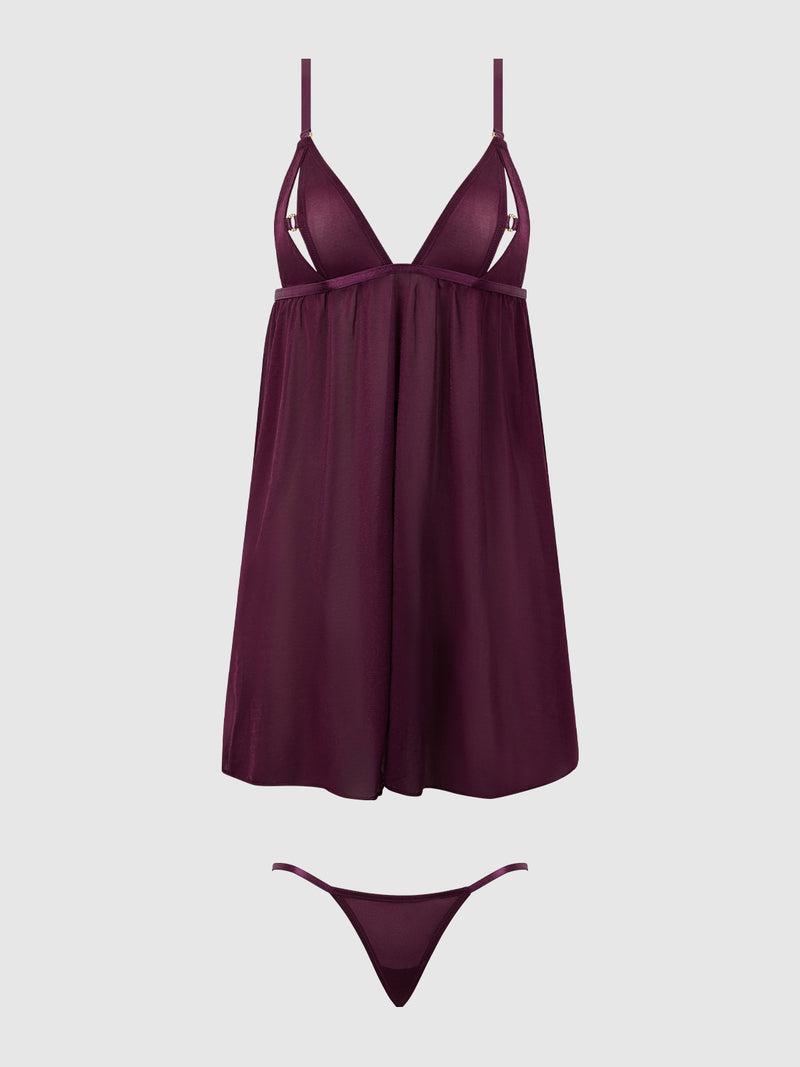 Pia Shine Mesh O-Ring Open Cup Babydoll Set - Frederick's of Hollywood
