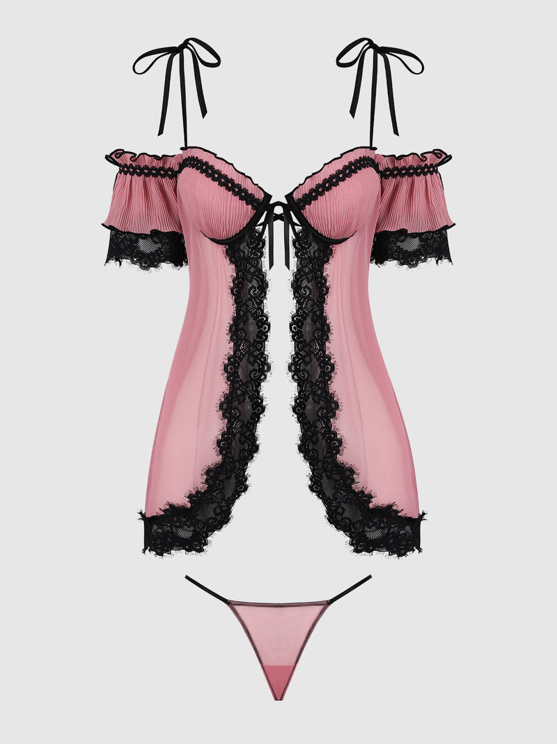 The Esme Pleated Chiffon & Lace Underwire Babydoll Set by Frederick’s of Hollywood features pink sheer chiffon with black lace trim, off-shoulder ruffled sleeves, bow-tied straps, and a matching thong, all displayed on a plain light background.