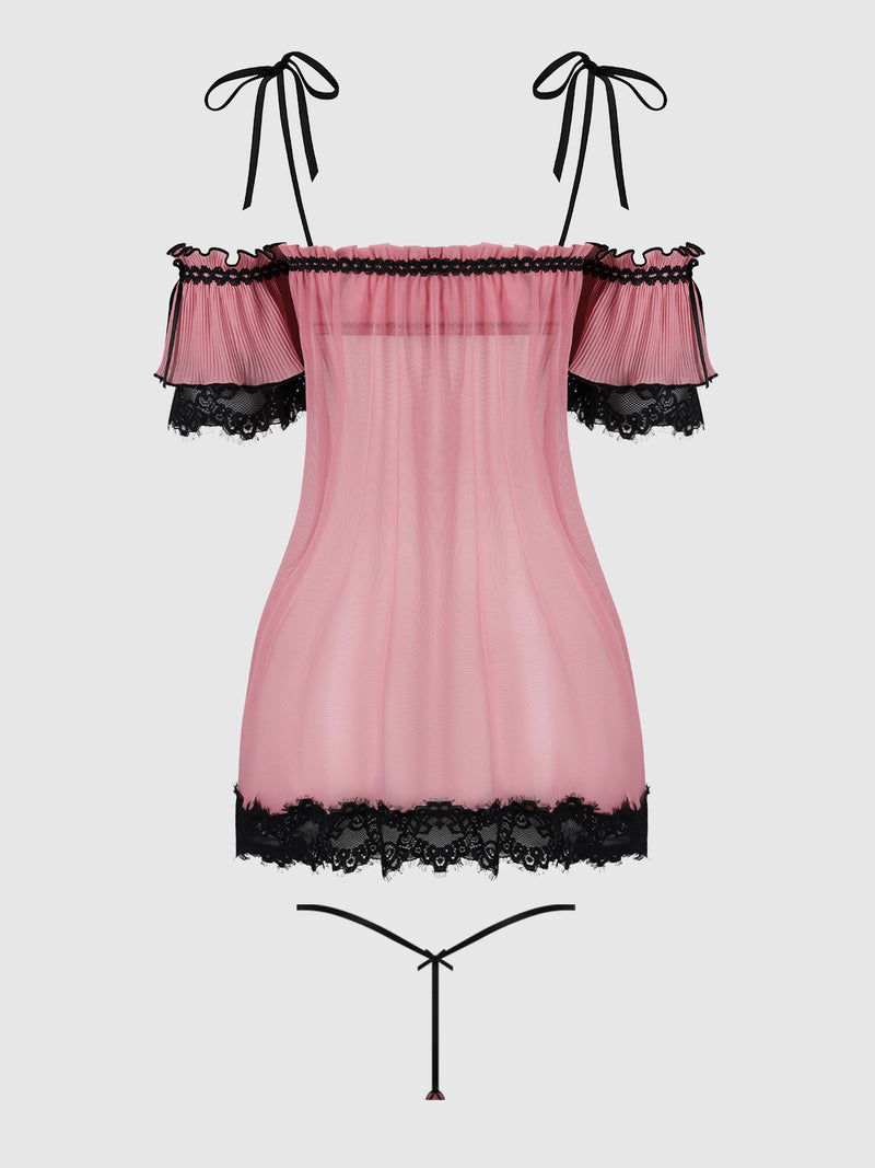 The Esme Pleated Chiffon & Lace Underwire Babydoll Set by Frederick’s of Hollywood is a sheer pink off-shoulder lingerie dress with black lace trim, ribbon-tied shoulder straps, and a matching thong, displayed on a plain white background.