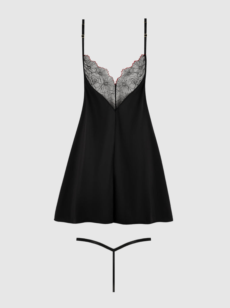 Frederick’s of Hollywood Ilaria Embroidered Tulle Wireless Babydoll Set featuring a black wireless babydoll with a sheer embroidered floral bodice and red trim, paired with a matching thong.
