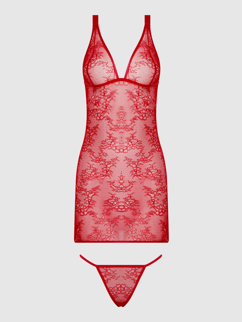 The Chiara Lace & Strappy Open Back Chemise by Frederick's of Hollywood is a sheer red lace lingerie set with a sleeveless, gothic-inspired design. It showcases delicate floral patterns and an eye-catching strappy open-back detail, paired with a matching thong and displayed against a plain light background.