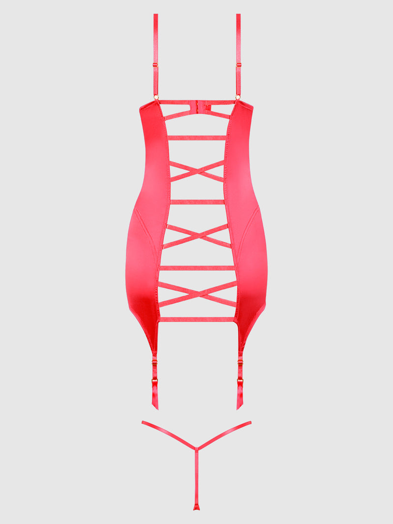 Rising Star Plunge Open Back Chemise Set in Petra Satin by Frederick’s of Hollywood features crisscross straps on the bodysuit and a matching minimal thong, displayed on a plain light background.