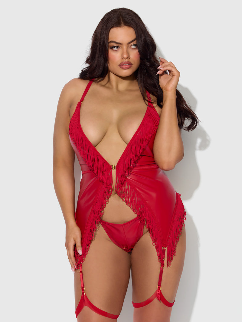 Hendrix Faux Leather & Fringe Chemise - Frederick's of Hollywood