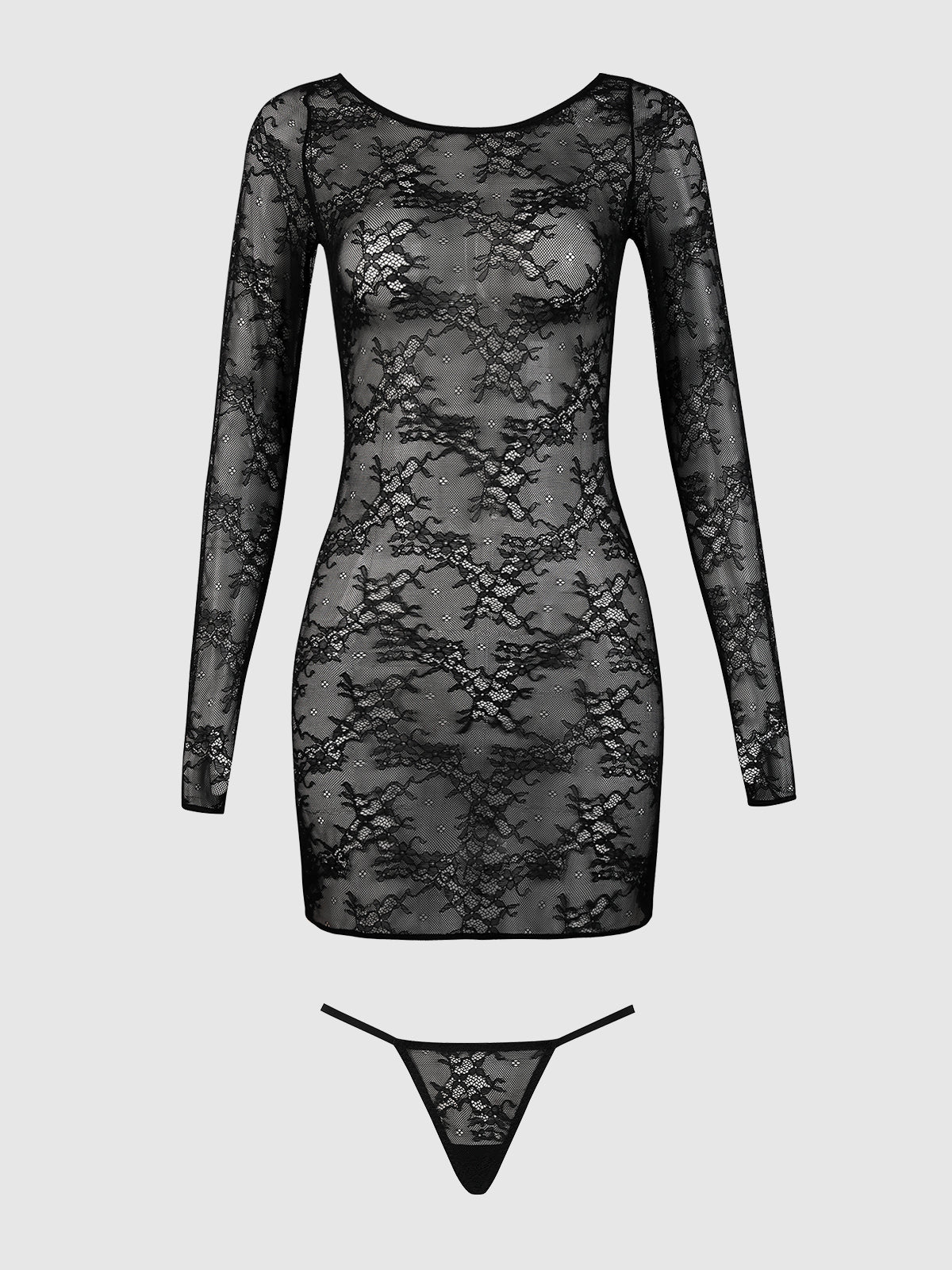 The Frederick's of Hollywood Pia Lace Long Sleeve Chemise Dress & G-String features sheer black stretch lace, long sleeves, a scoop neckline, and includes a matching black lace thong, shown on a plain light gray background.