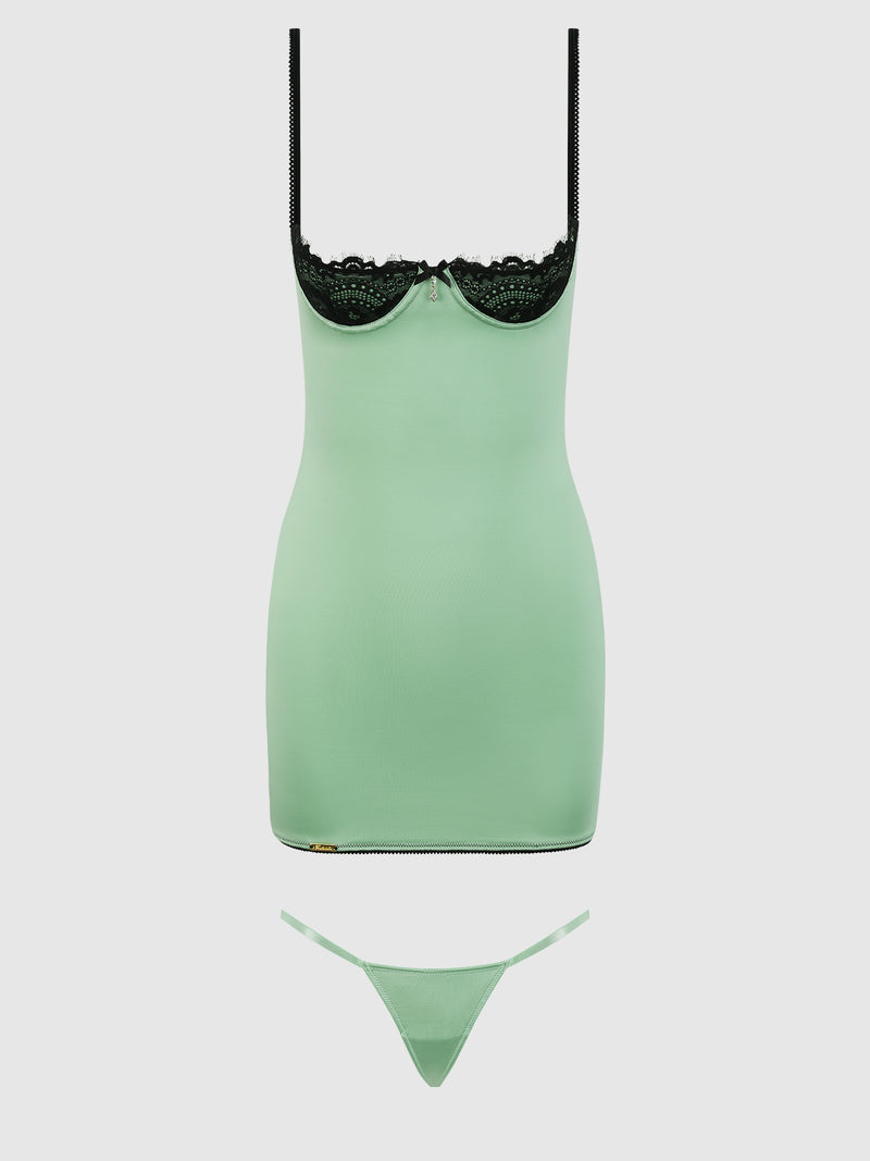 The Lexi Lace Open Cup Strappy Back Chemise by Frederick's of Hollywood is a light green lingerie set with black lace trim, including a fitted camisole top with thin straps and a matching minimal thong, shown on a white background.