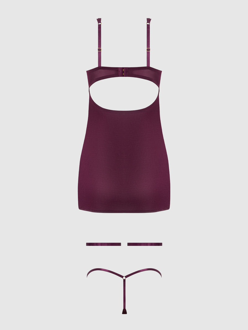 The Pia Shine Mesh O-Ring Thigh Garter Chemise Set by Frederick's of Hollywood features a burgundy sleeveless top with open back and adjustable straps, plus a matching thong with two thin bands, channeling vintage glam on a plain light background.