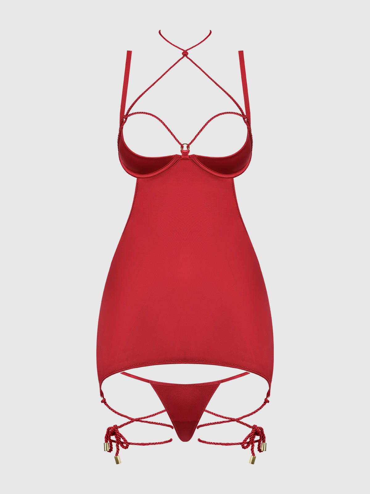 The Nadya Liquid Satin & Rope Open Back Chemise & G-String Set by Frederick's of Hollywood features a strappy, underwire chemise with open bust, gold hardware accents, adjustable straps, garter-style rope ties, and matching thong.