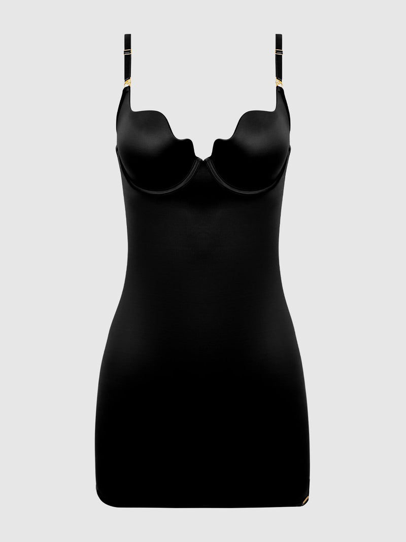 The Director's Cut Liquid Satin Chemise by Frederick's of Hollywood is a black shapewear mini dress with adjustable straps and underwire cups, shown on a plain light gray background.