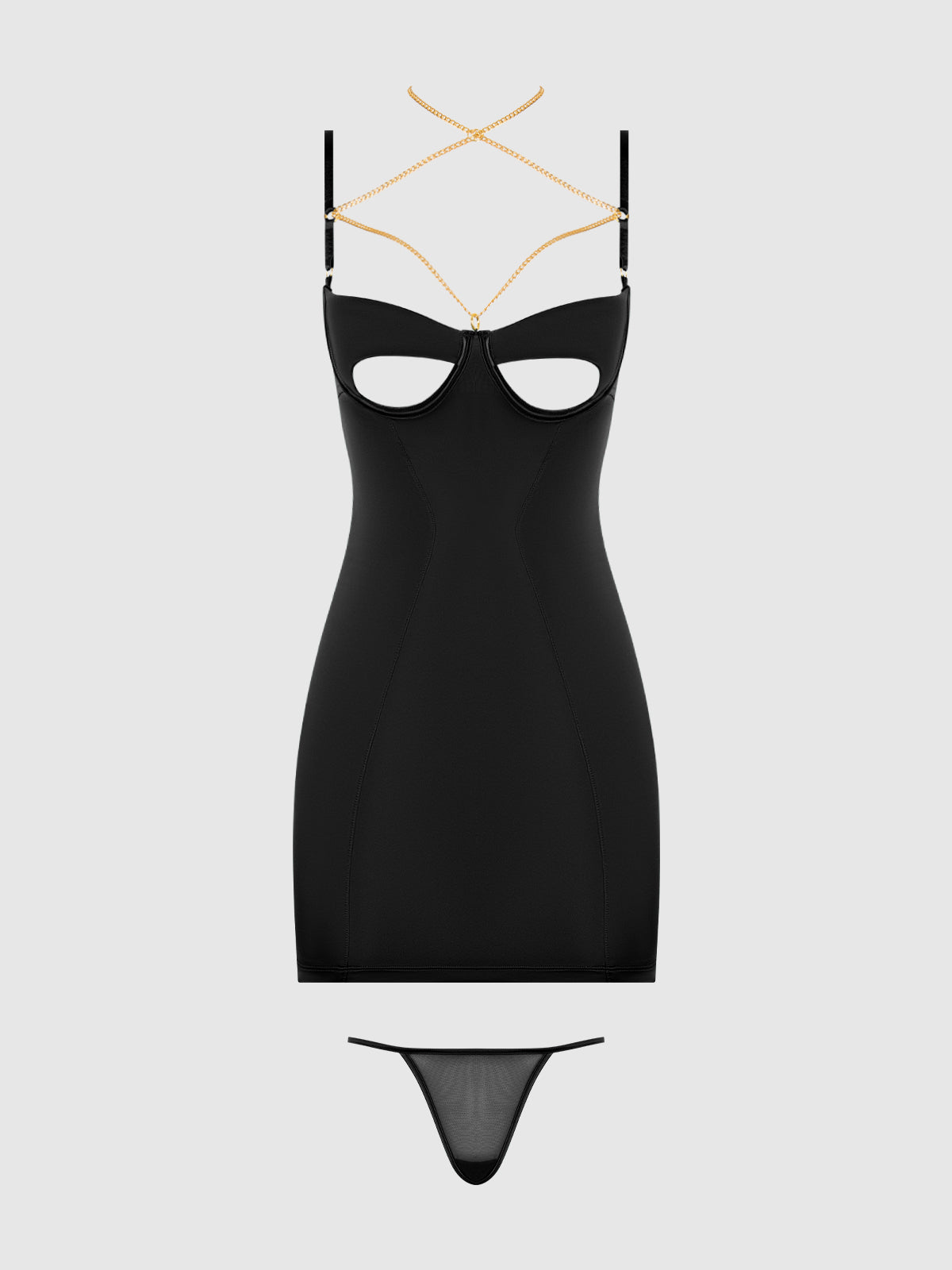 The Emery Liquid Satin & Chain Open Cup & Back Chemise Set by Frederick's of Hollywood features a black bodycon mini chemise with cut-out details, detachable gold chain straps, and a matching mesh G-string underneath.