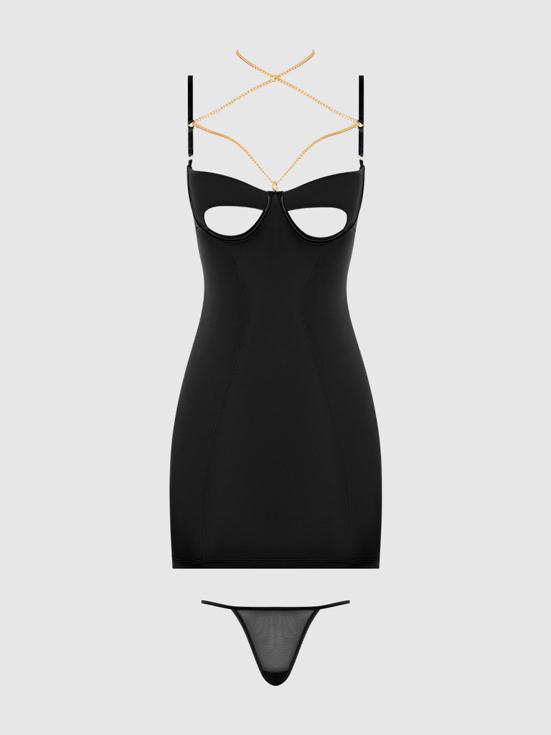 The Emery Liquid Satin & Chain Open Cup & Back Chemise Set by Frederick's of Hollywood features a black bodycon mini chemise with cut-out details, detachable gold chain straps, and a matching mesh G-string underneath.