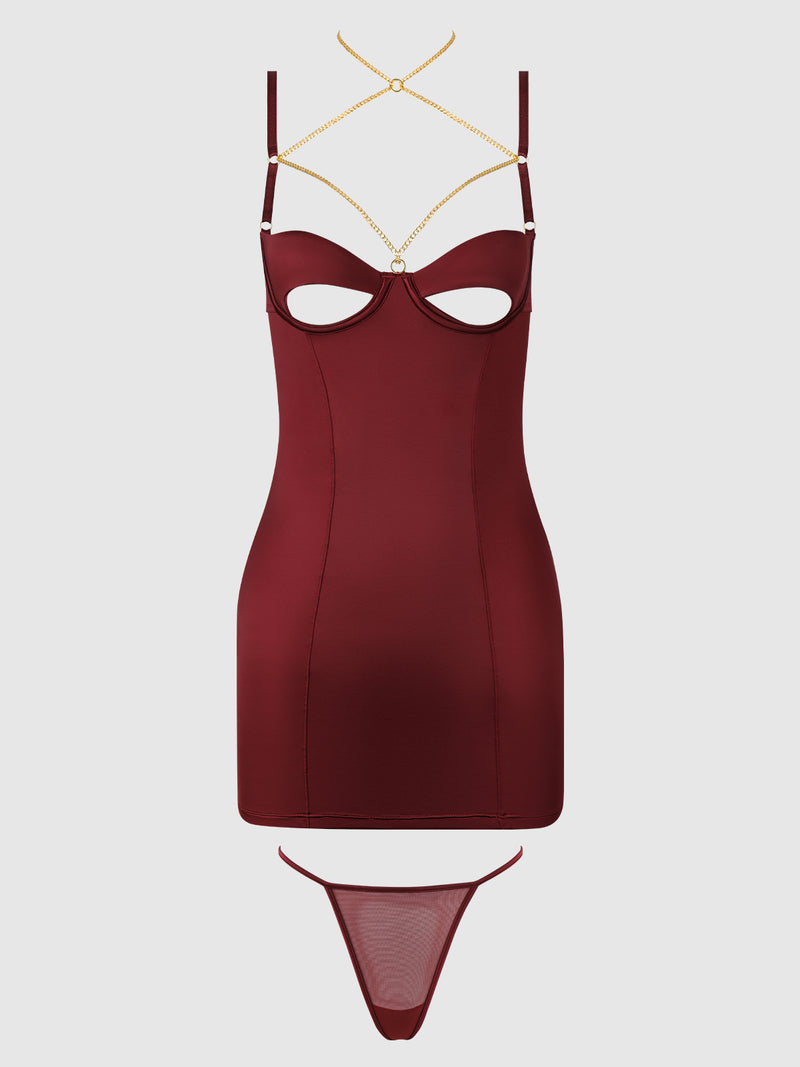 Emery Liquid Satin & Chain Open Cup & Back Chemise Set by Frederick’s of Hollywood, featuring a burgundy bodycon design with gold chain detailing, an open cup cutout at the bust, and a matching sheer thong displayed below, set against a plain white background.