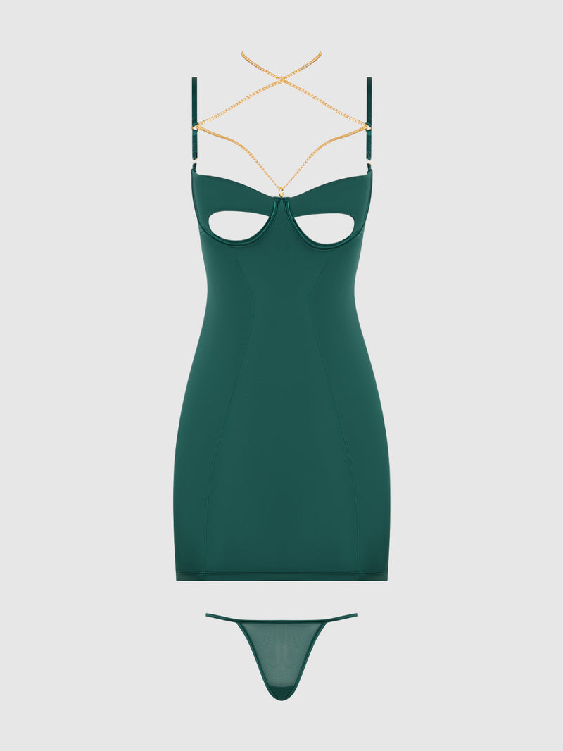 Emery Liquid Satin & Chain Open Cup & Back Chemise Set