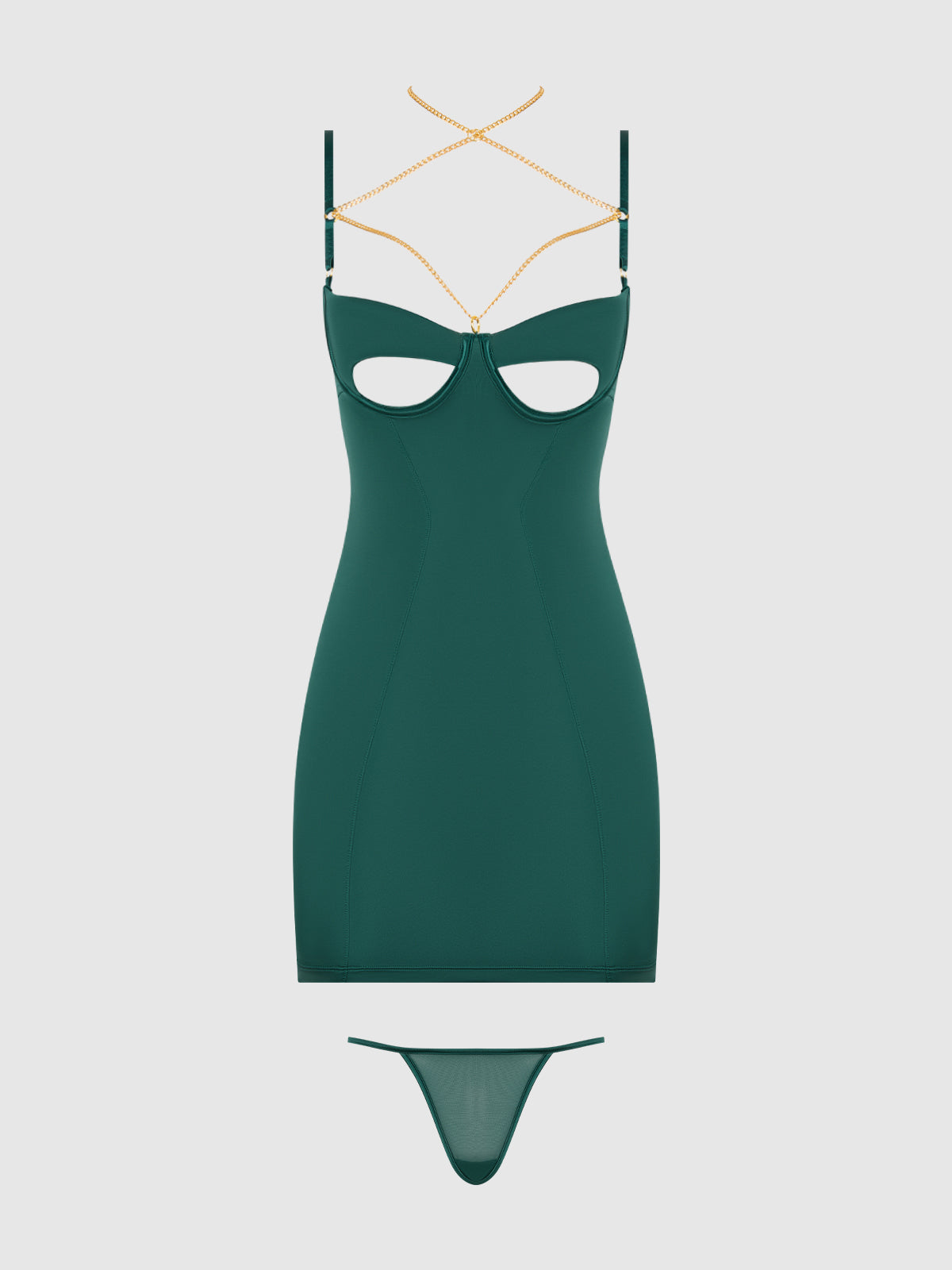 The Emery Liquid Satin & Chain Open Cup & Back Chemise Set by Frederick's of Hollywood features a dark green bodycon mini dress with chest cutout, gold chain straps, and a matching thong, all displayed against a plain light background.