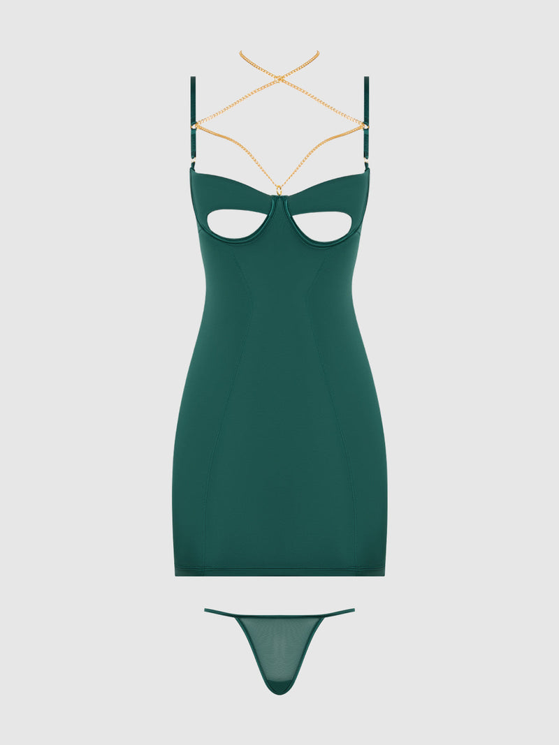 The Emery Liquid Satin & Chain Open Cup & Back Chemise Set by Frederick's of Hollywood features a dark green bodycon mini dress with chest cutout, gold chain straps, and a matching thong, all displayed against a plain light background.
