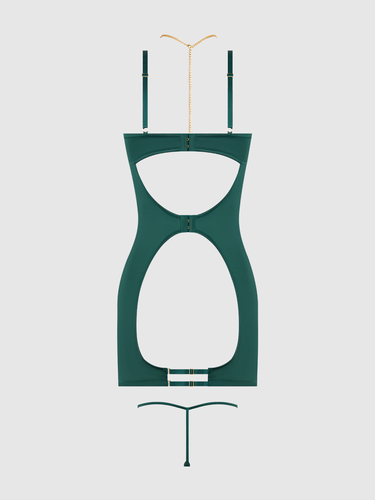 The Emery Liquid Satin & Chain Open Cup & Back Chemise Set by Frederick's of Hollywood features dark green liquid satin, customizable chain accents, cut-out torso, adjustable straps, and a matching mesh G-string thong, shown on a white background.