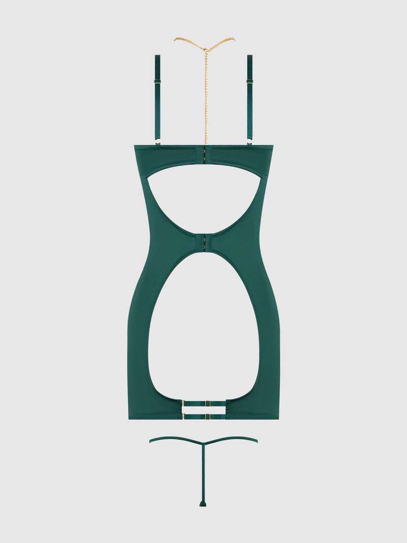 The Emery Liquid Satin & Chain Open Cup & Back Chemise Set by Frederick's of Hollywood features dark green liquid satin, customizable chain accents, cut-out torso, adjustable straps, and a matching mesh G-string thong, shown on a white background.