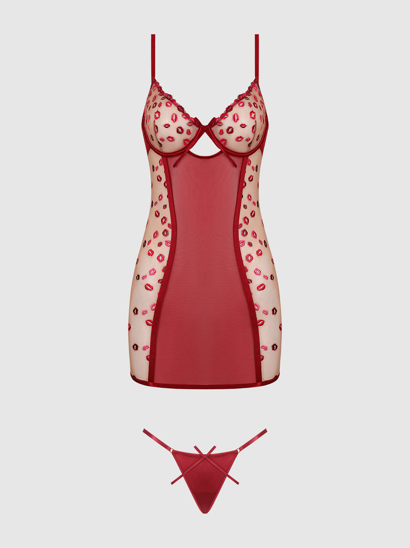 Angelica Lips Embroidery Open Bow Back Chemise Set - Frederick's of Hollywood
