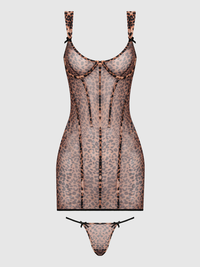 The Kaia Leopard Mesh Underwire Chemise & G-String Set by Frederick's of Hollywood features a sheer leopard print, black trim, bow accents, and includes a matching thong, displayed on a plain white background.