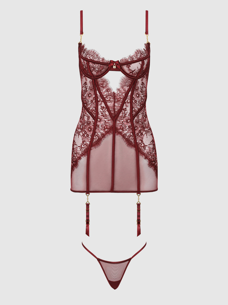 Lilith Lace & Mesh Chemise Set featuring deep red lace and mesh with underwire cups, a front cutout, attached garter straps, and a matching thong.