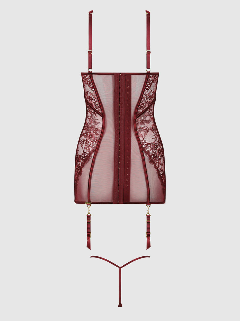 Lilith Lace & Mesh Chemise Set featuring a burgundy mesh and lace chemise with a front hook-and-eye closure, adjustable straps, and attached garter clips, paired with a matching G-string thong.