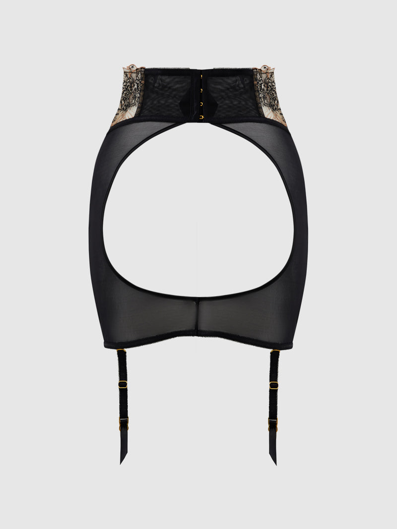 Delfina Embroidered Backless Half Skirt With Garters - Frederick's of Hollywood
