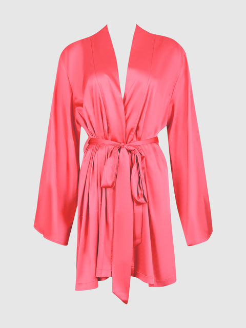 The Petra Satin Short Robe by Frederick’s of Hollywood features a vibrant pink hue, long sleeves, and a matching fabric belt tied at the waist, displayed against a simple light background.