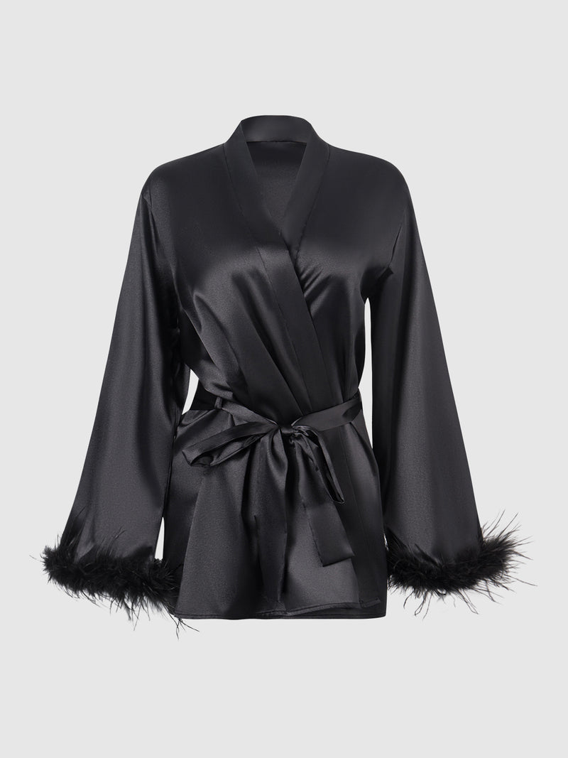 Scarlett Satin & Feather Trimmed Short Sleep Robe - Frederick's of Hollywood