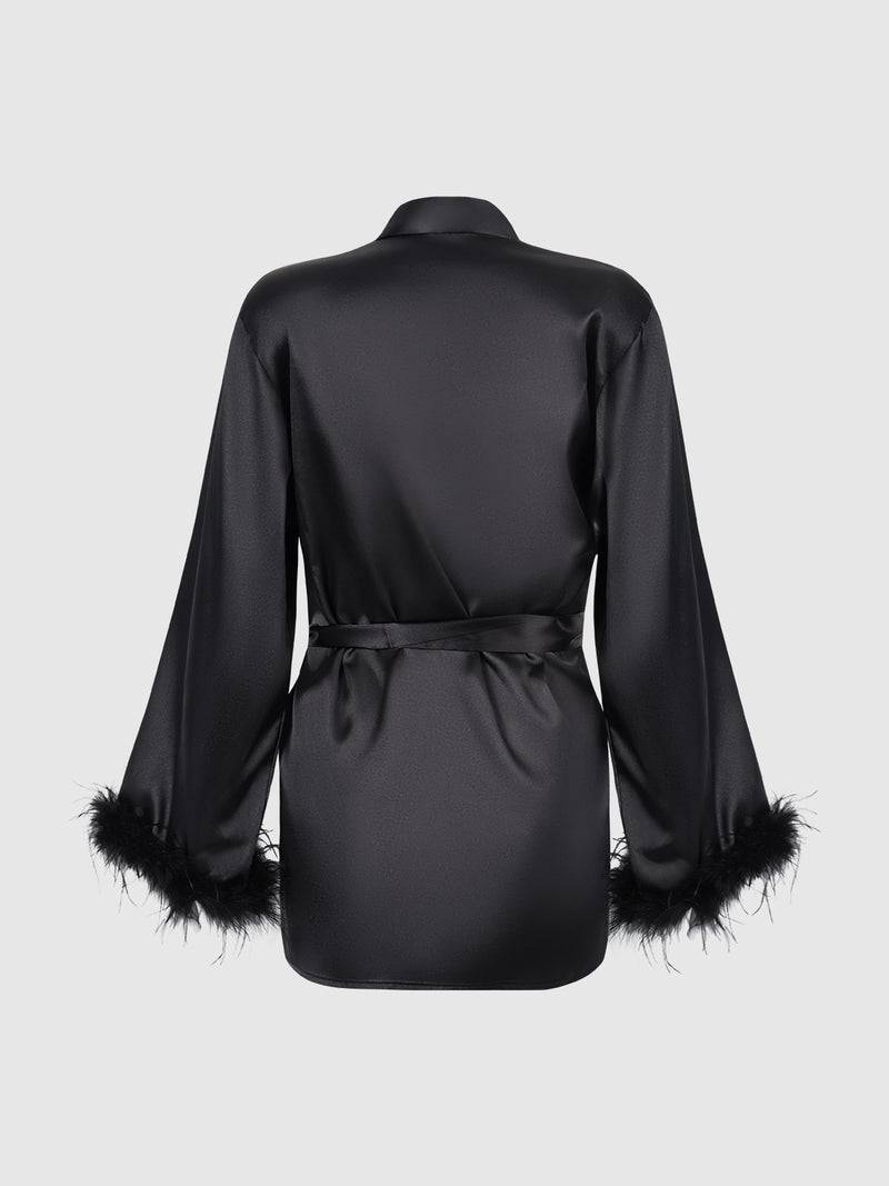 Scarlett Satin & Feather Trimmed Short Sleep Robe - Frederick's of Hollywood