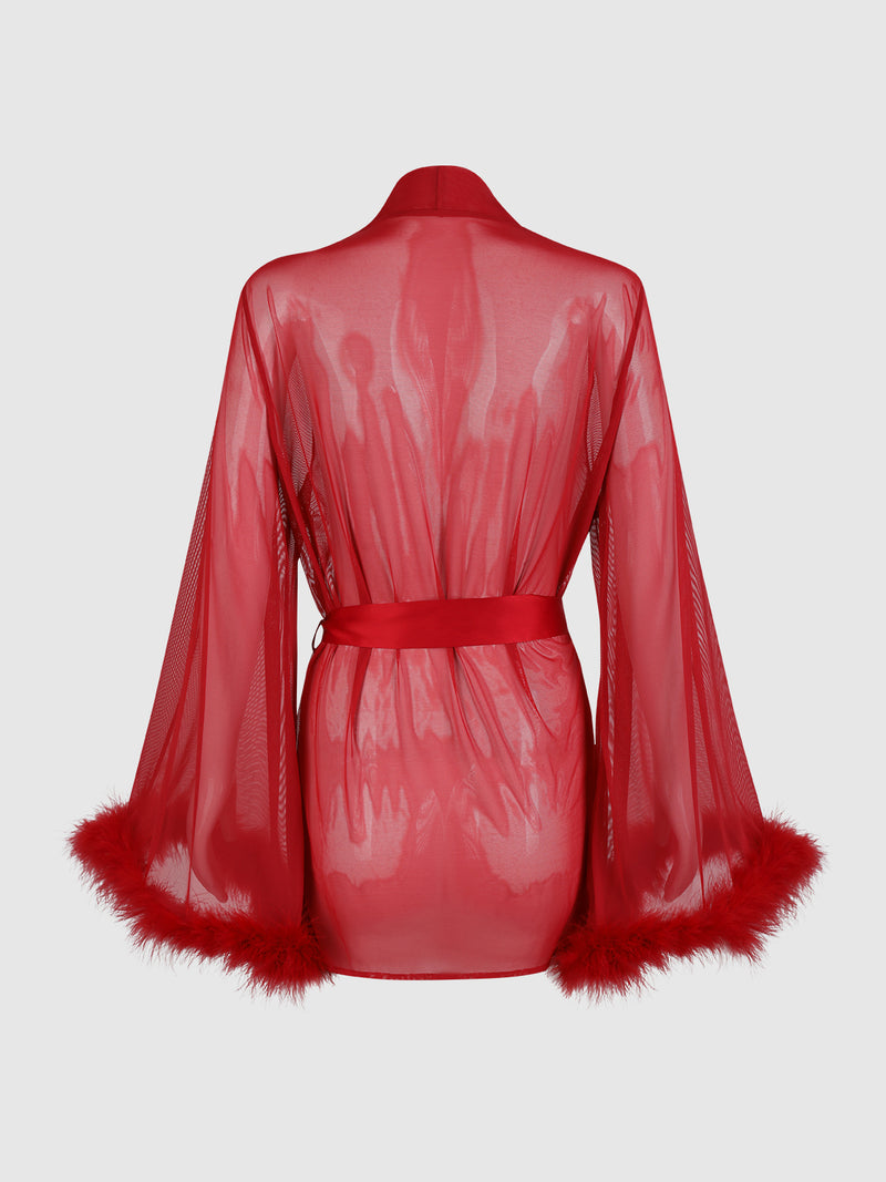 The Scarlett Marabou & Mesh Short Robe by Frederick's of Hollywood is a sheer red sleep robe with flared sleeves, fluffy feather-trimmed cuffs, and a matching satin belt, shown from the back on a plain white background.