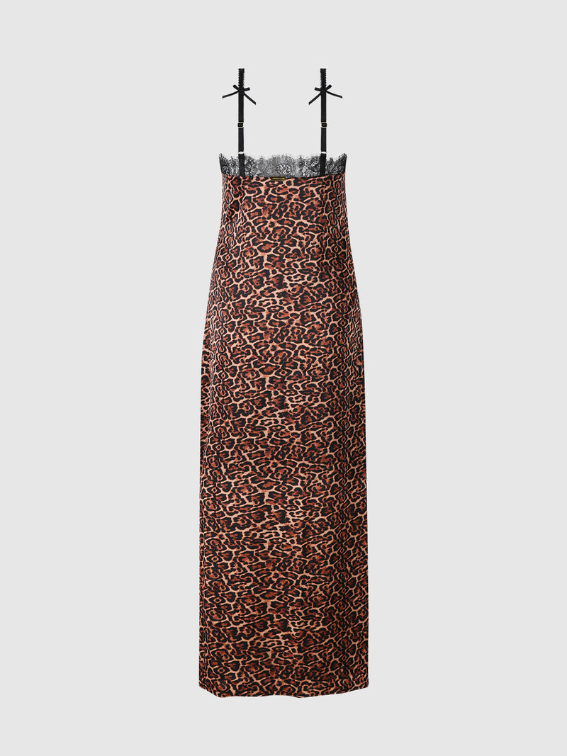The Raven Leopard And Lace Gown With Side Slip by Frederick's of Hollywood features a leopard print design, black lace trim at the top, and thin adjustable shoulder straps, displayed against a plain white background.