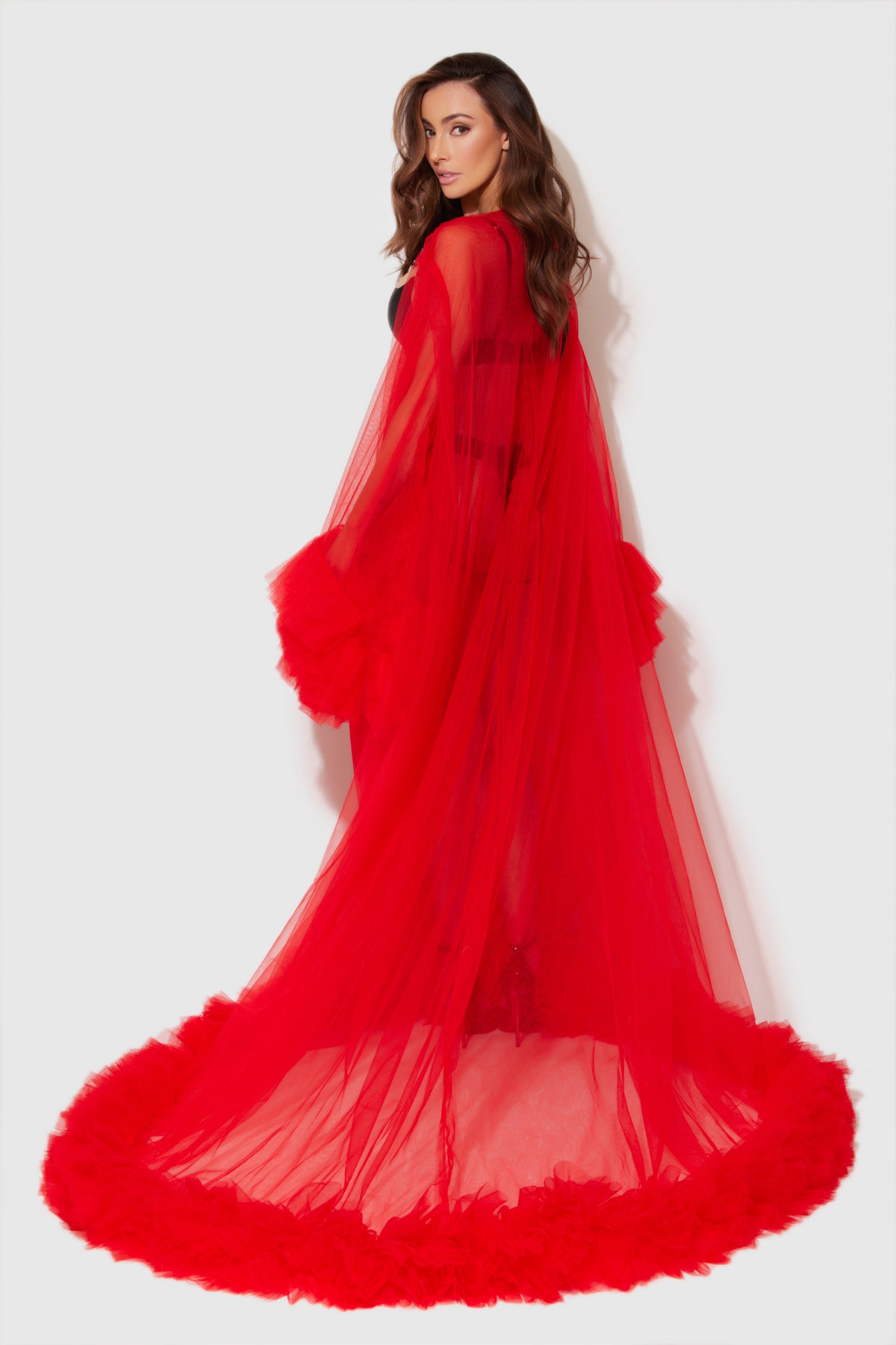 Glamour Mesh Ruffle Robe - Red