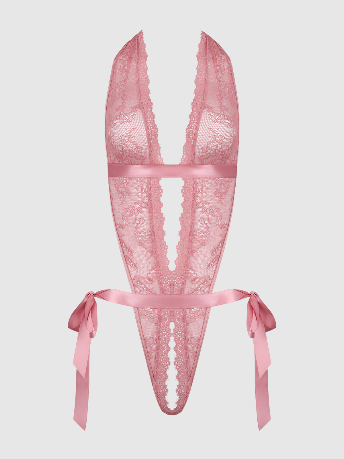 The Rosalind Satin & Lace Drop Off Crotchless Teddy by Frederick's of Hollywood features a deep plunge neckline, scalloped edges, sheer lace, satin ribbon ties at the hips, an open back, and is shown on a plain white background.