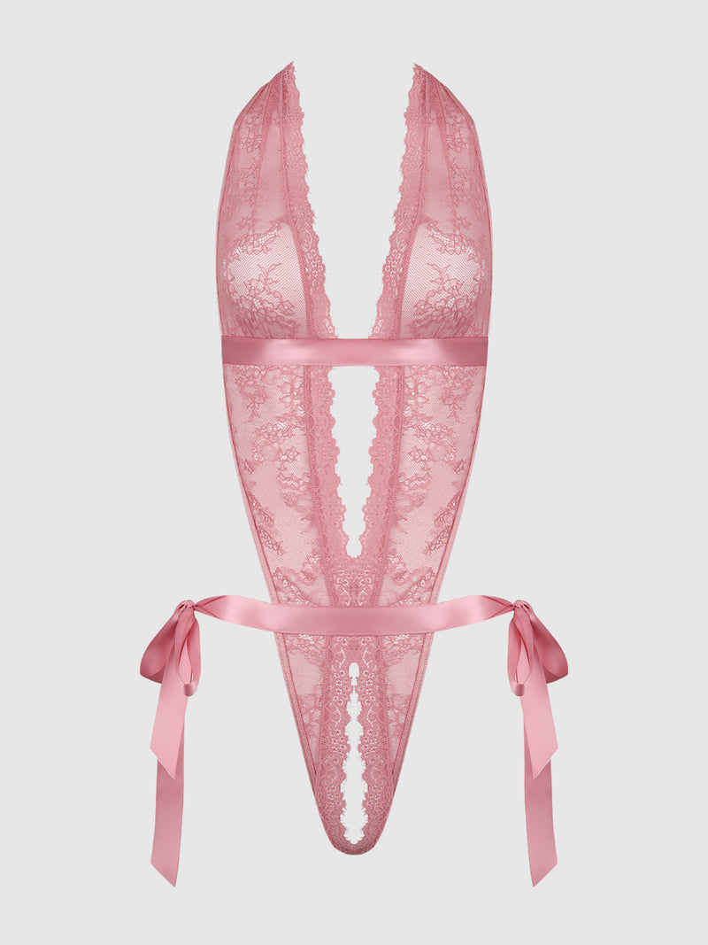 The Rosalind Satin & Lace Drop Off Crotchless Teddy by Frederick's of Hollywood features a deep plunge neckline, scalloped edges, sheer lace, satin ribbon ties at the hips, an open back, and is shown on a plain white background.