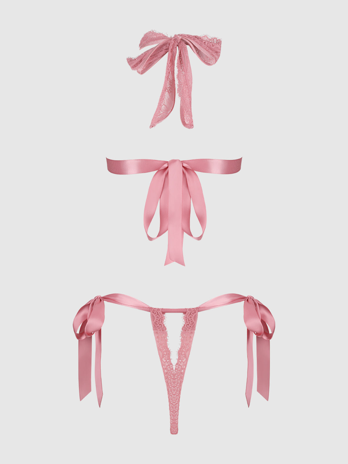 The Rosalind Satin & Lace Drop Off Crotchless Teddy by Frederick's of Hollywood features ribbon bows, an open back, a lace eye mask, satin waist belt, and thong with side ties, all shown on a plain white background.