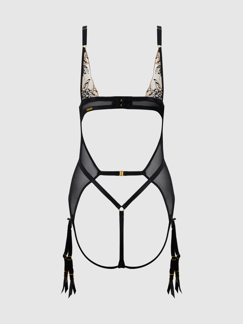 Delfina Embroidered Backless Teddy With Garters - Frederick's of Hollywood