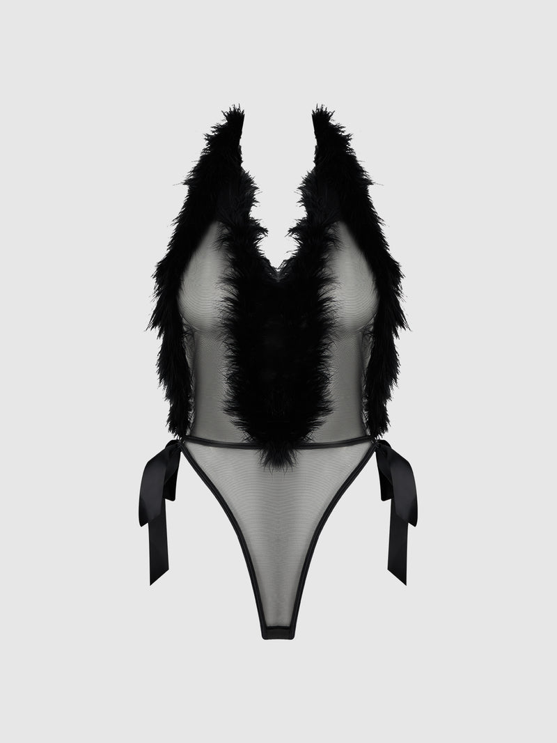 Scarlett Plunging Drop Off Marabou Teddy - Frederick's of Hollywood
