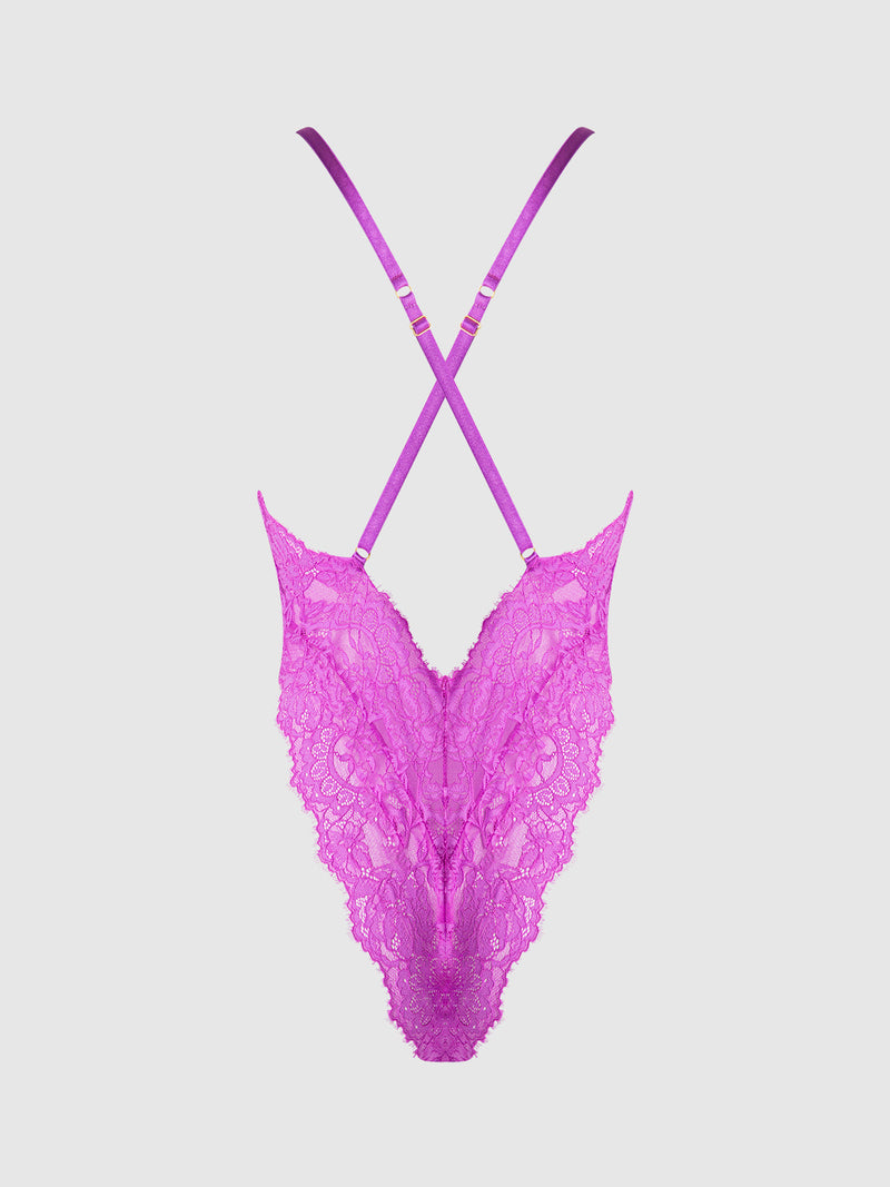 A back view of the Arianna Lace & Chains Plunge Teddy by Frederick's of Hollywood in fuchsia, featuring crisscross adjustable straps, chain accents, and a deep V-cut design, shown against a plain light background.