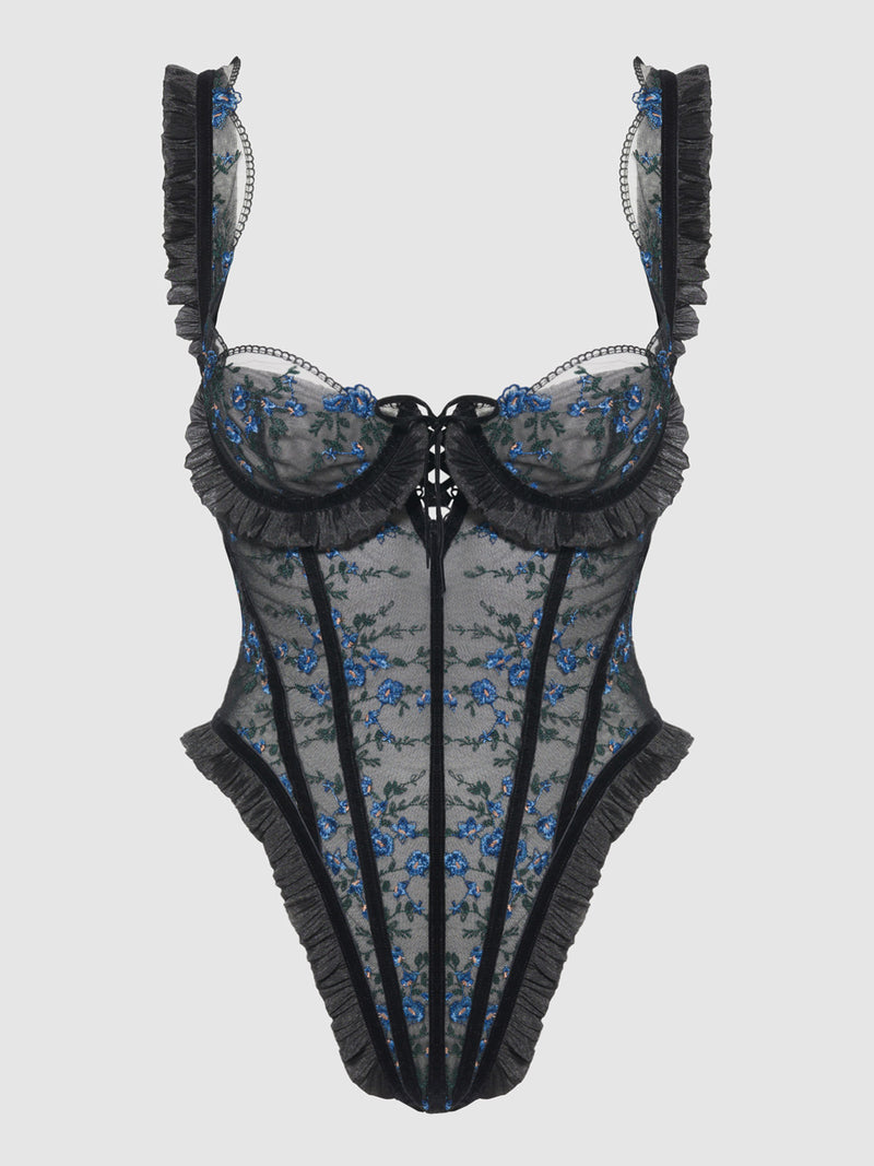 Harlow Embroidered Mesh Underwire Teddy - Frederick's of Hollywood