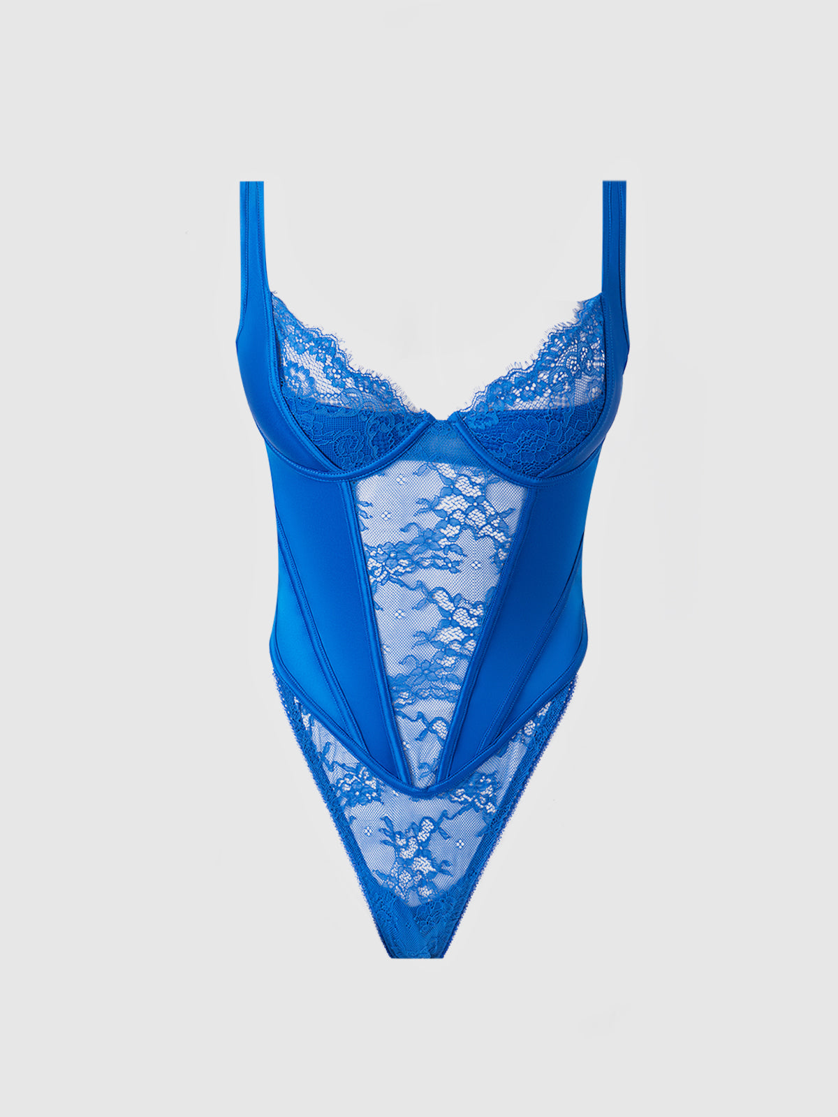 The Adelaide Satin & Lace Teddy by Frederick's of Hollywood features underwire cups, delicate lace details, sheer panels, and adjustable straps in vibrant blue, shown against a light gray background.