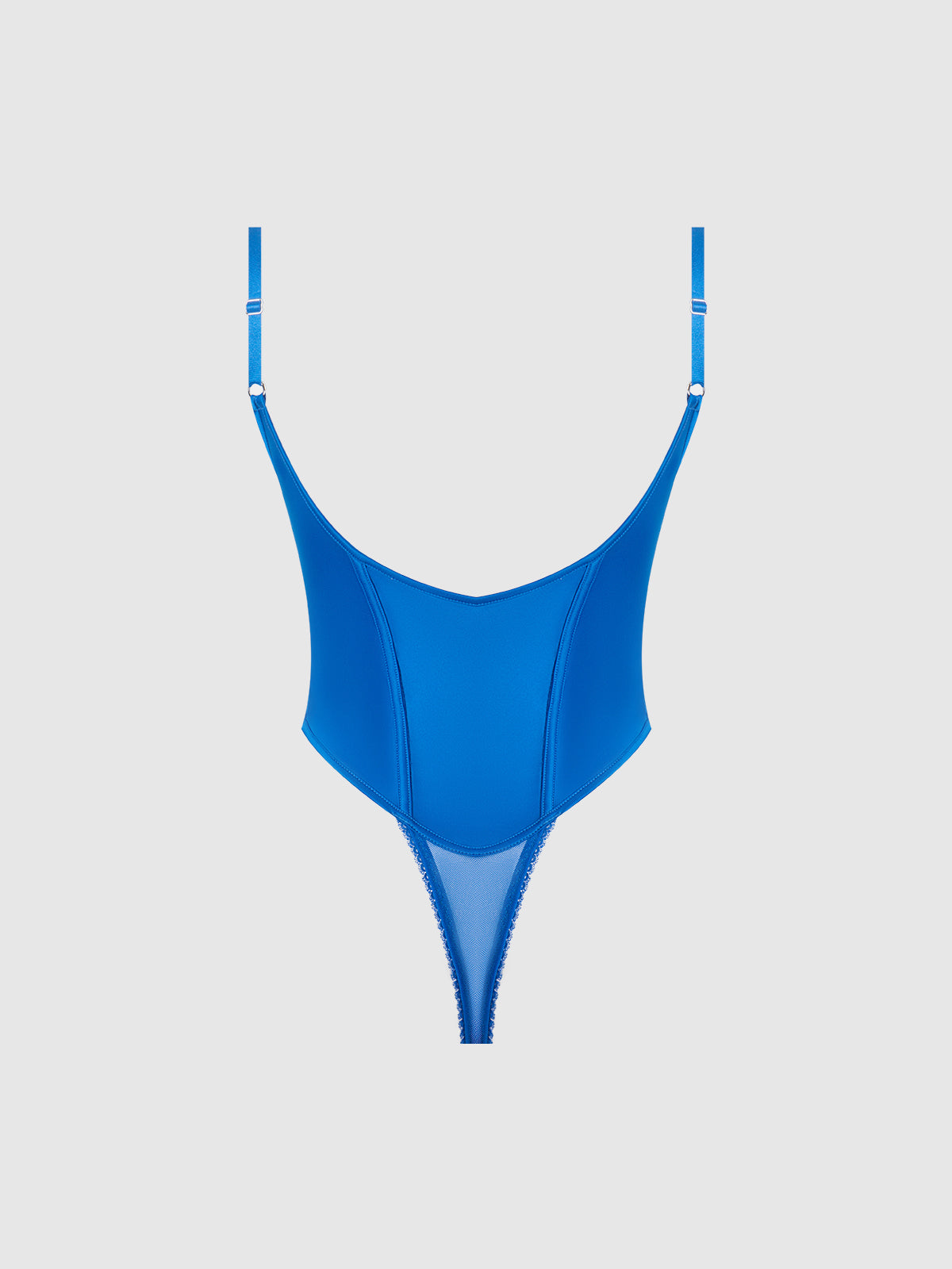 The Adelaide Satin & Lace Teddy by Frederick's of Hollywood features a bright blue hue, adjustable shoulder straps, a V-shaped bustline like a push-up bra, and front seam detailing, shown against a plain light gray background.