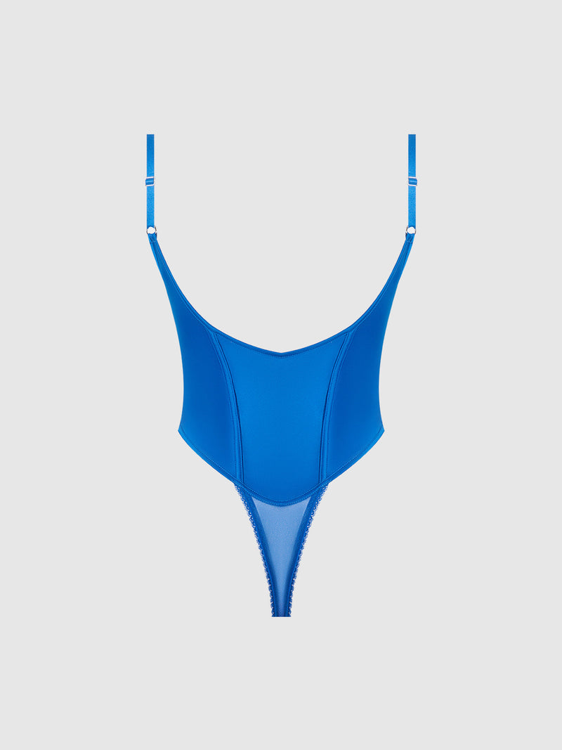 The Adelaide Satin & Lace Teddy by Frederick's of Hollywood features a bright blue hue, adjustable shoulder straps, a V-shaped bustline like a push-up bra, and front seam detailing, shown against a plain light gray background.