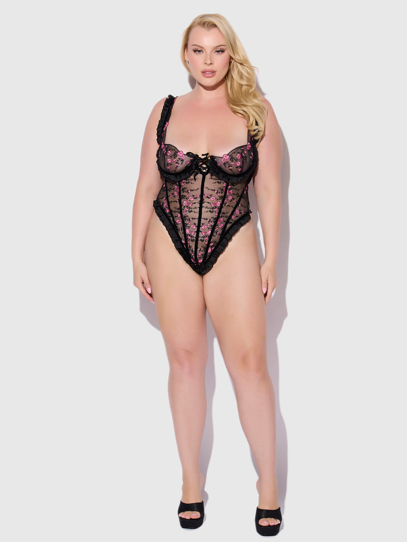 Harlow Embroidered Stretch Mesh Teddy - Frederick's of Hollywood