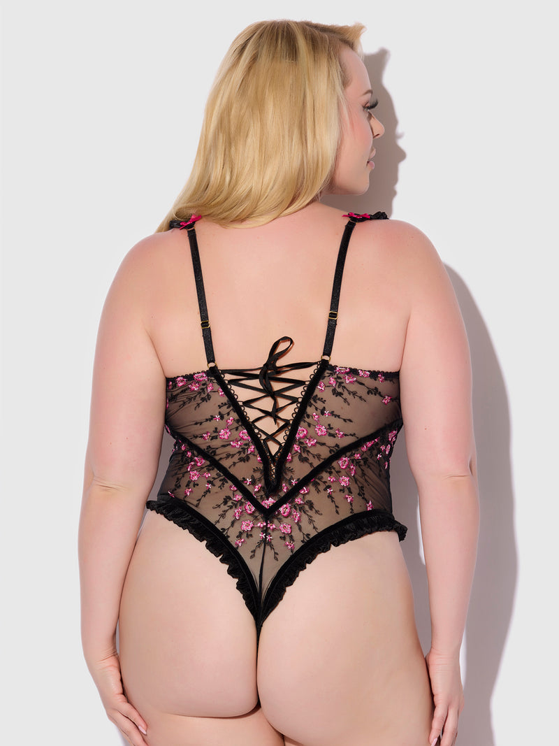 Harlow Embroidered Stretch Mesh Teddy - Frederick's of Hollywood