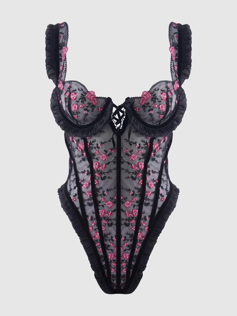 Harlow Embroidered Stretch Mesh Teddy - Frederick's of Hollywood